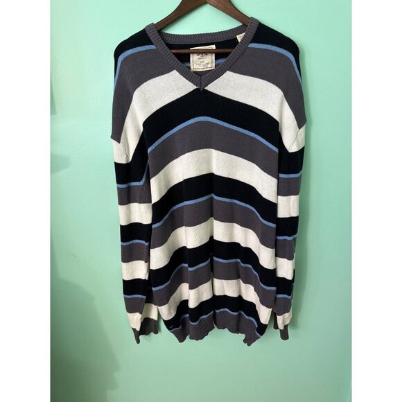 Mens 3XL Striped Pullover Sweater V-Neck Black/Gray/White 100% Cotton Casual Kni - Picture 1 of 7